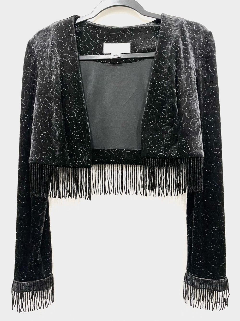 NEW Vintage JANINE Black Beaded Fringe Long Sleeve Formal Evening Bolero Jacket